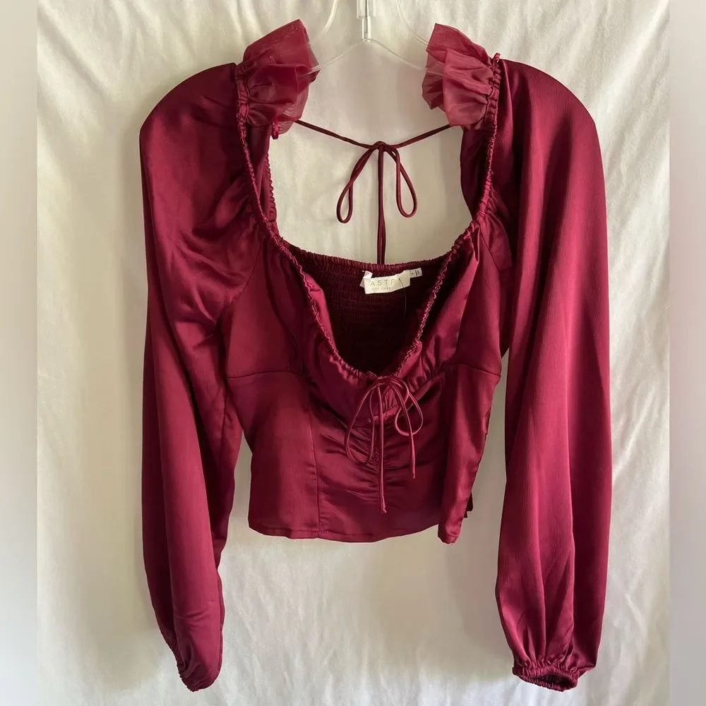 ASTR The Label Penny Satin Corset Top Wine Burgundy Ruched Puff Sleeve small